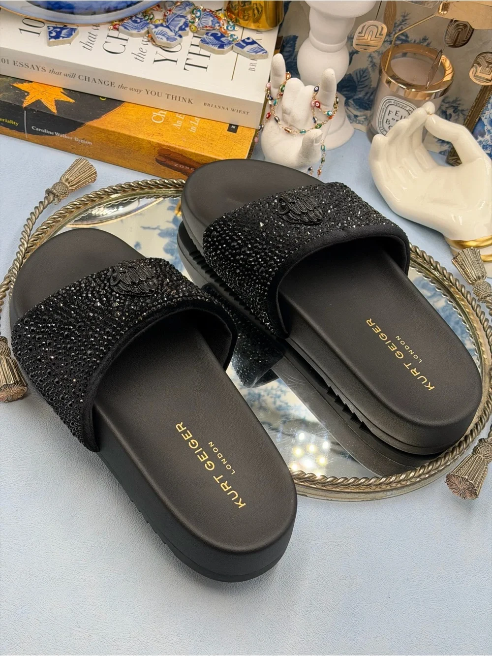 🆕 KURT GEIGER LONDON 🧿 NWOB Brockwell Strass Black Crystal Slide Sandal